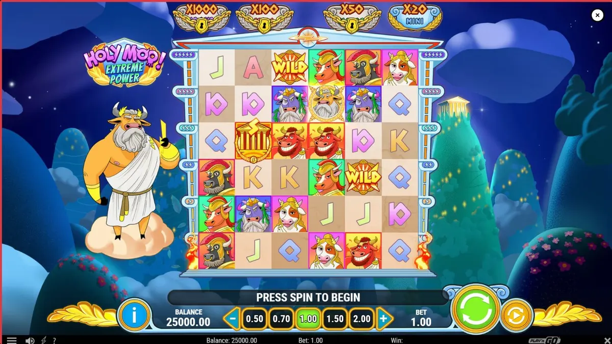 Tampilan visual slot Holy Moo! Extreme Power dengan karakter dewa sapi