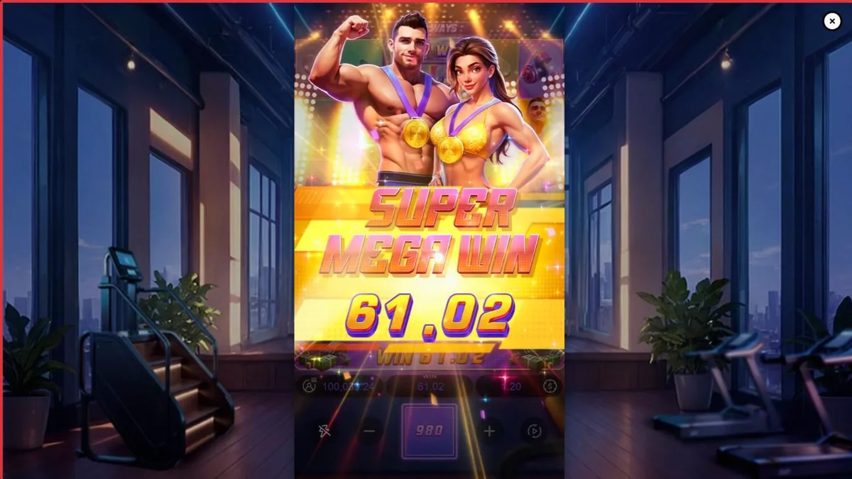 Tampilan visual slot Mighty Mania dengan tema gym dan peralatan kebugaran.
