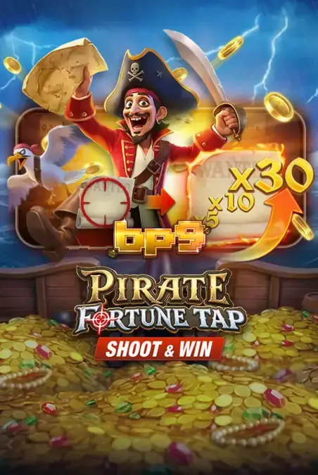 Tampilan antarmuka permainan Pirate Fortune Tap dengan latar belakang laut dan meriam.